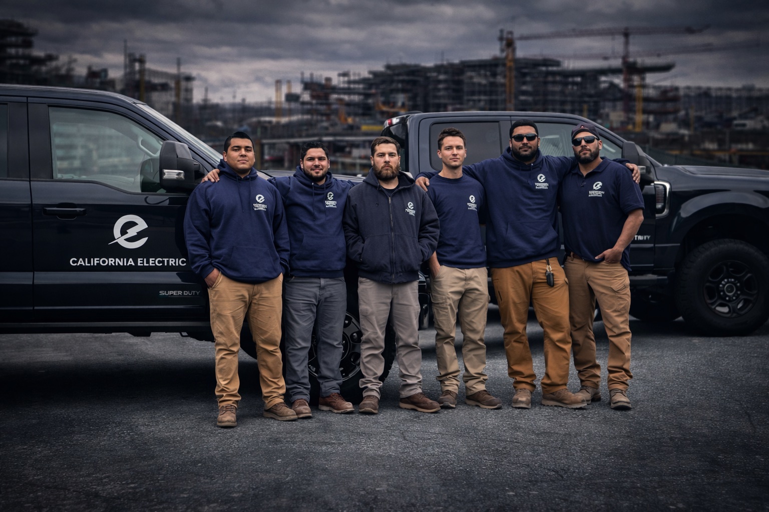 California Electric crew standing in front of company trucks at a job site